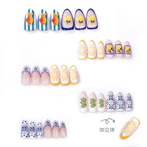 24Pcs Cute Summer Press on Nails Medium Almond Fake Nails 3D Goldfish Lemon-35