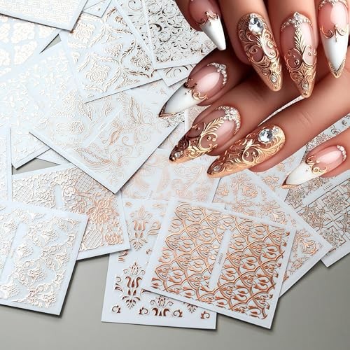 30 Sheets Nail Art Sticker 3D Self-Adhesive Hollow Rose Golden Lace Lace Flower