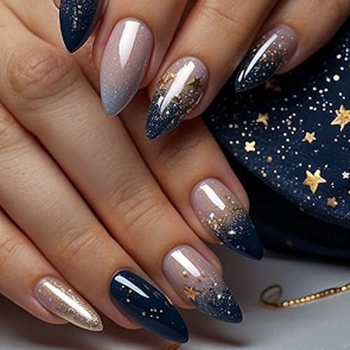 Medium Dark Blue Ombre Almond Press on Nails 12409a – French Tip