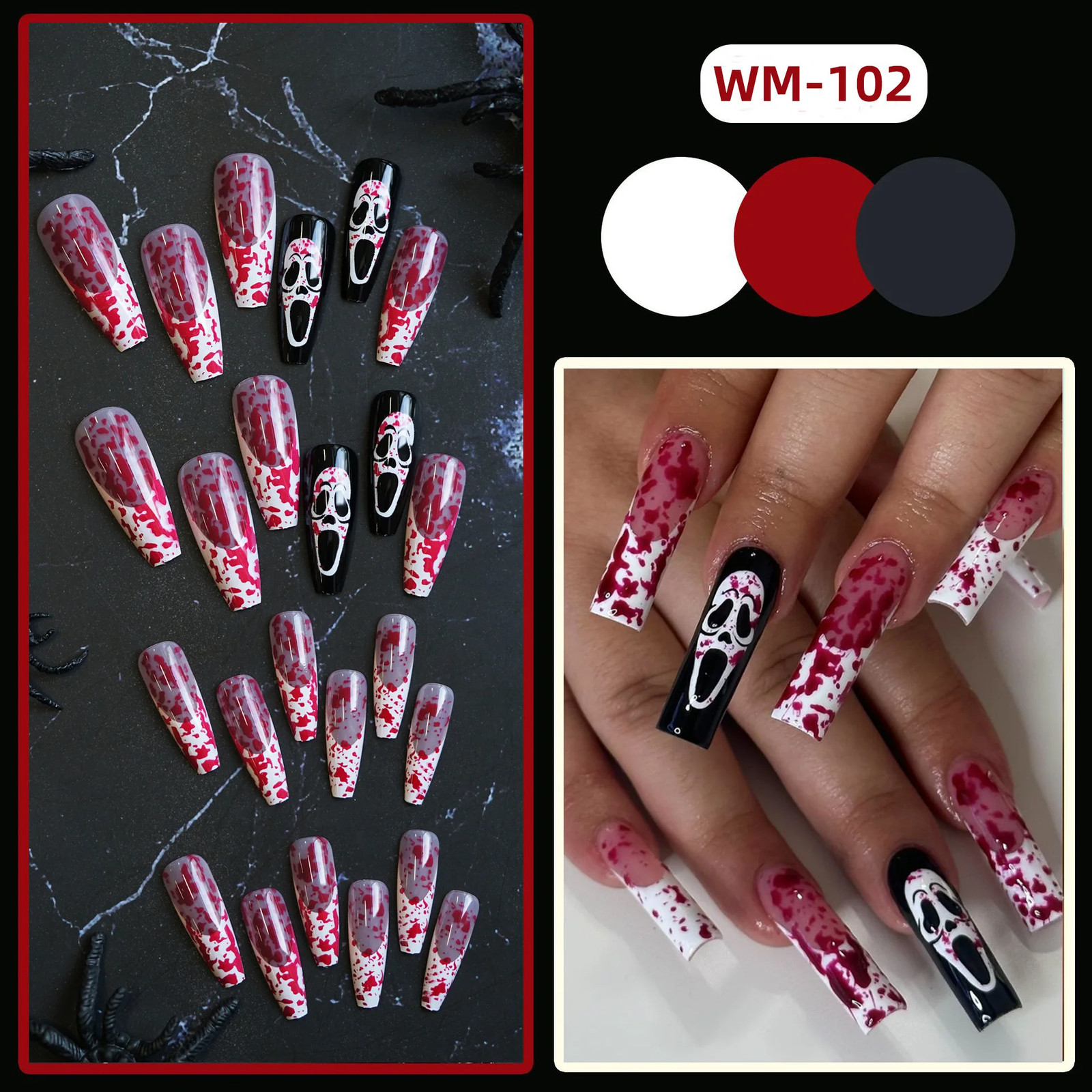 24pcs White Bones Long Pointed Patches Halloween Ghost Spider Press on Nails