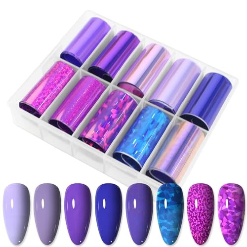 10 Rolls Nail Foil Transfer Sticker Kit Nail Foil Sheets Solid Color Purple