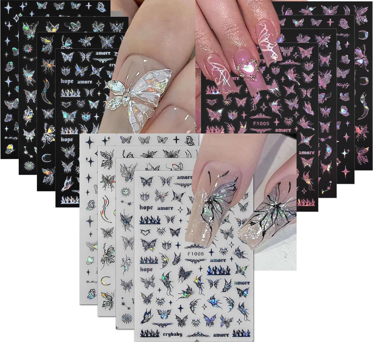 3 or 4Pcs Holographic Laser Pink Black Butterfly Star French Nail Stickers NS20