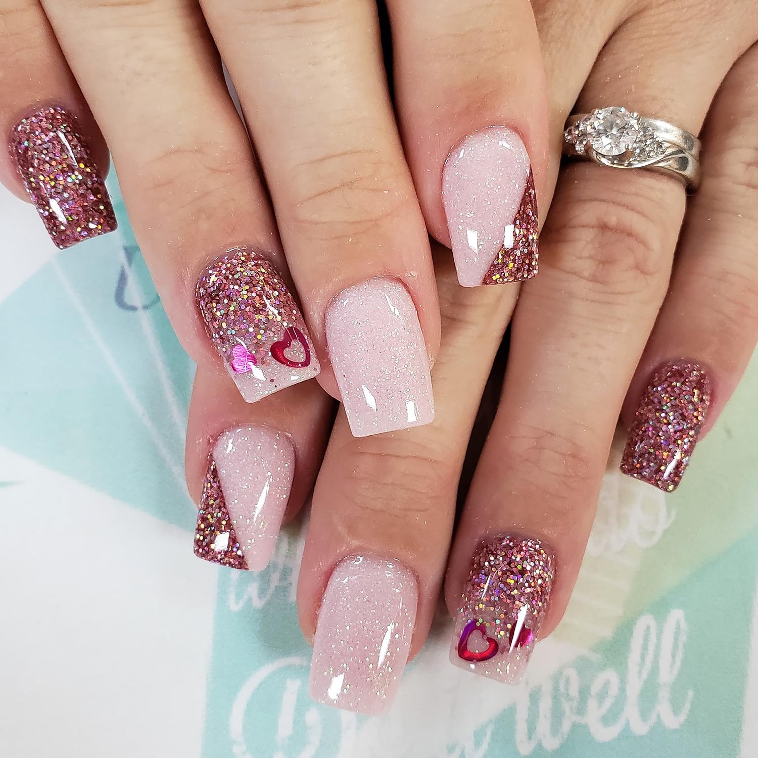 24Pcs Valentine’s French Tip Press on Nails Short Square Fake Nails Silver Gl…