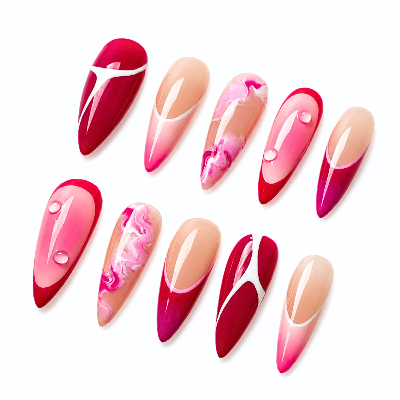 Handmade Pink Red Nude Swirl Press-On Nails Glossy Custom Nail Set