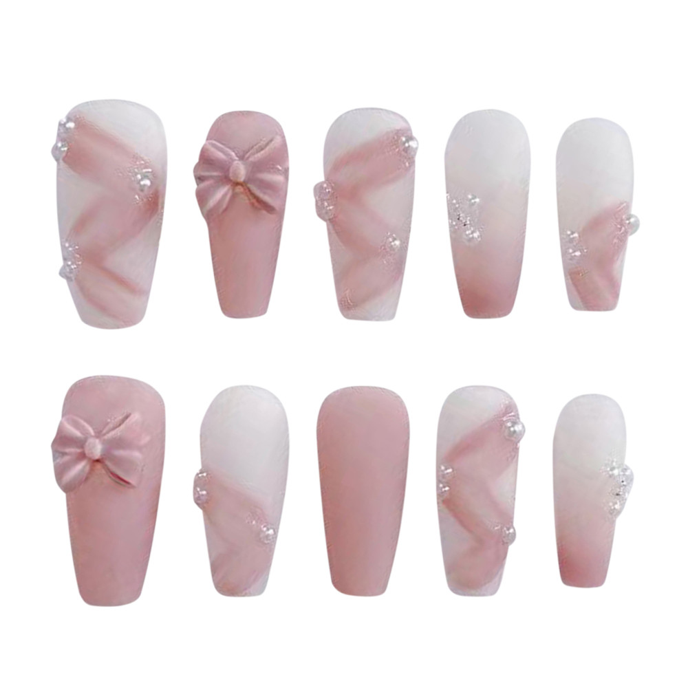 Long Coffin Fake Nail Pink Matte False Nail w/ Bow Bead French Tips Pres On Nail