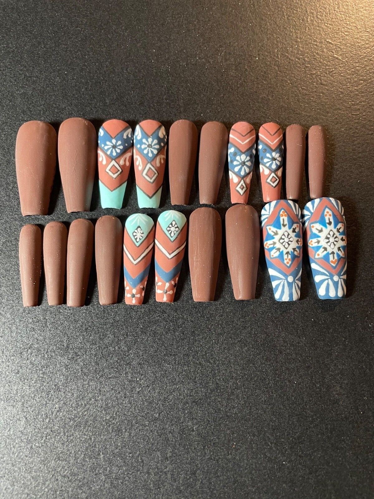 Custom press on nails long 24 matte abstract tribal native brown teal blue white