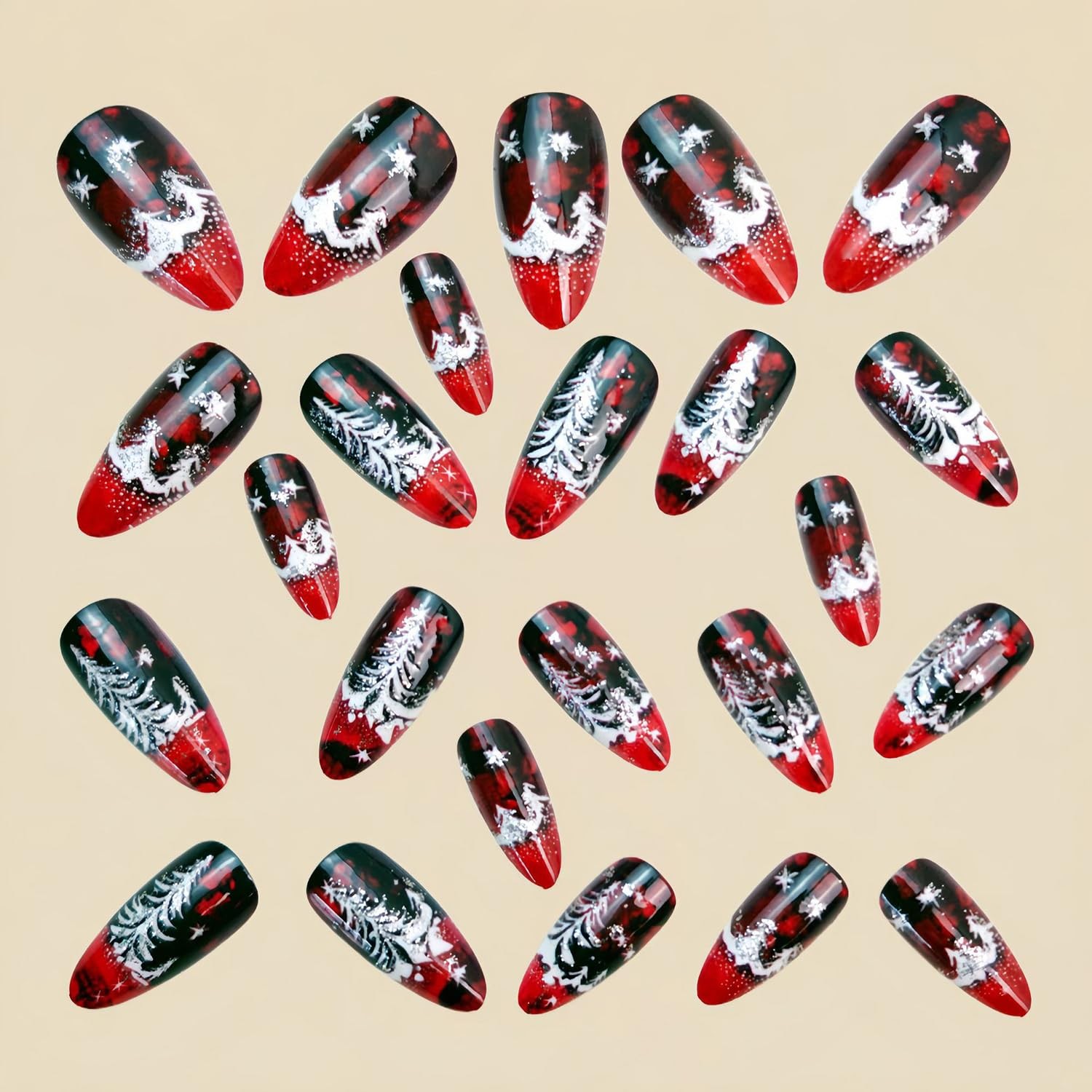 Christmas Press on Nails Medium Almond Fake Nails with Christmas Tree Designs…