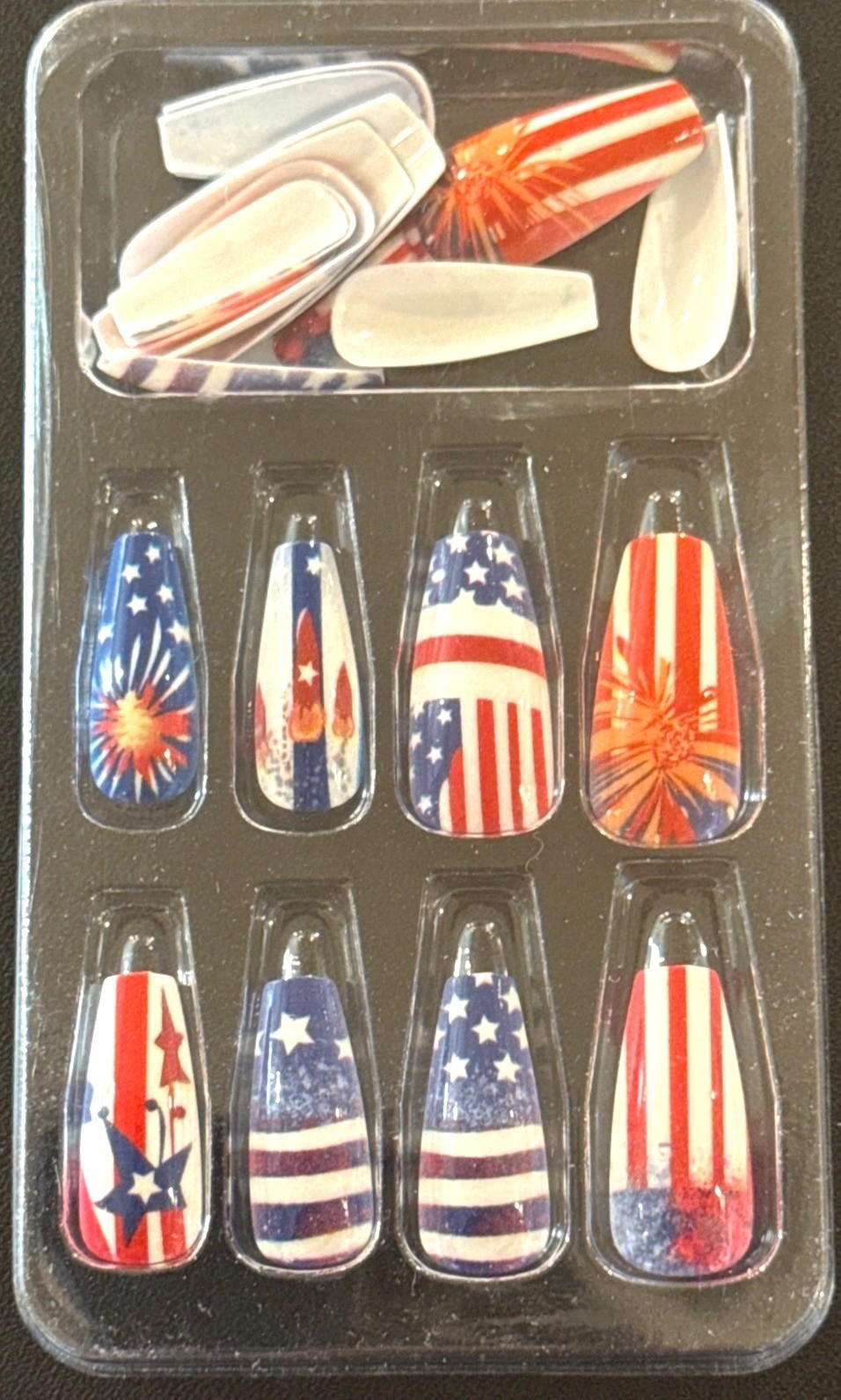 4th Of July Long Coffin Nails 24pc Red White Blue Stars Stripes Fireworks Flags