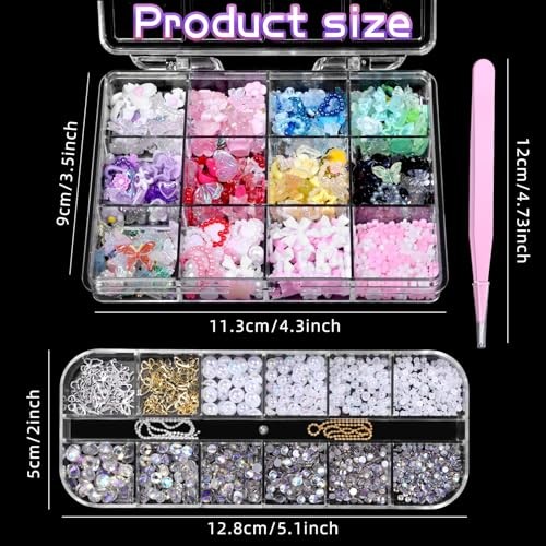 3D Nail Charms Set, Color Flower Bow Moon Heart Star Nail Art Charms, Half