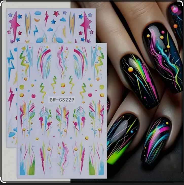 2 Sheets Abstract Graffiti Lightning Bolt Star French Nail Art Stickers NH28