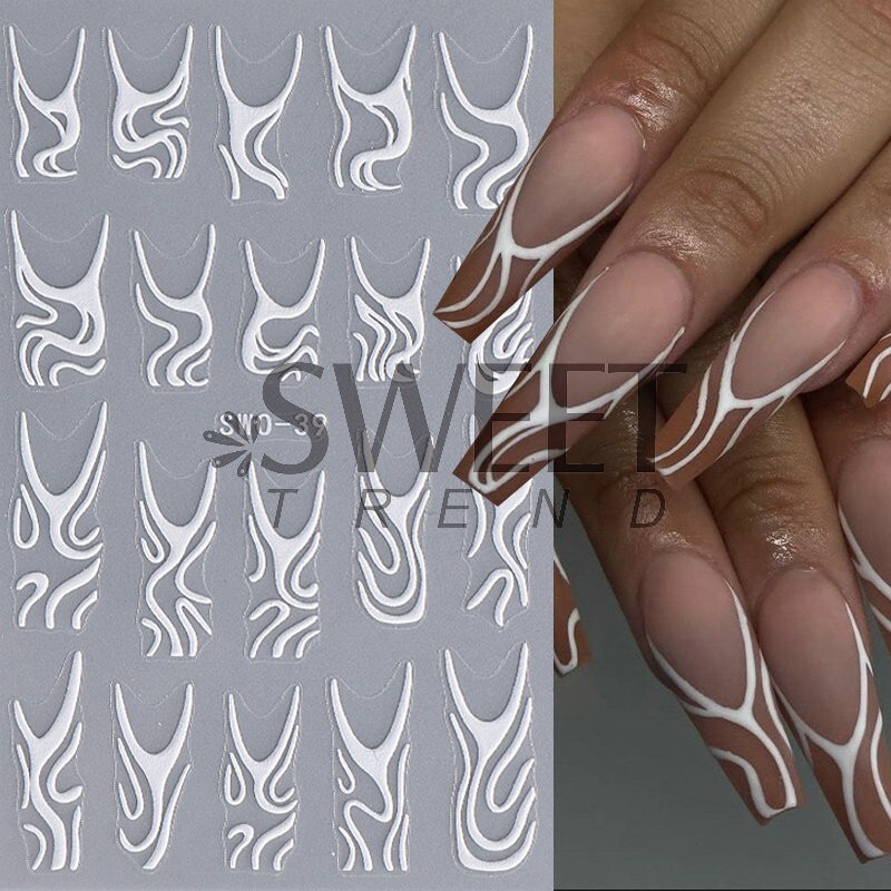 Adhesive 5D Nail Art Stickers Pure White French Tips Transfer Decals SWO39 NH27