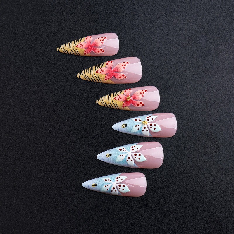 48Pcs-Summer Hibiscus Art Press on Nails Glossy Long Stiletto Nail Art Set