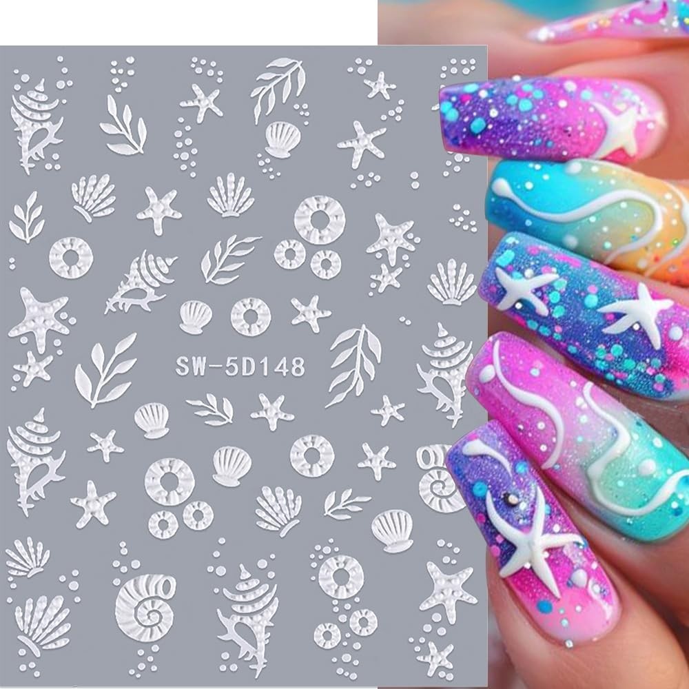 5D Embossed Ocean Nail Stickers – Summer Decals With Shell, Colorful