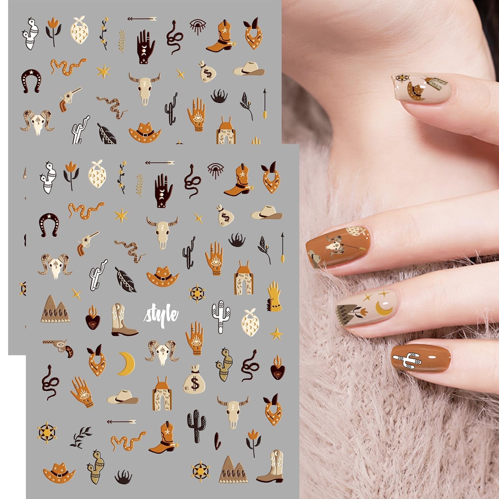 2 Sheets Retro Cowboy Nail Art Stickers, Western Cowboy Style Self-Adhesive D…
