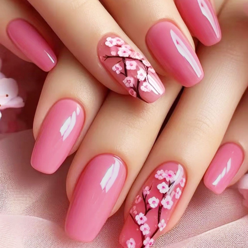 Floral Glossy, Long, Ballet-style, 24pcs Nail Tips, Detachable, Press-on Nails