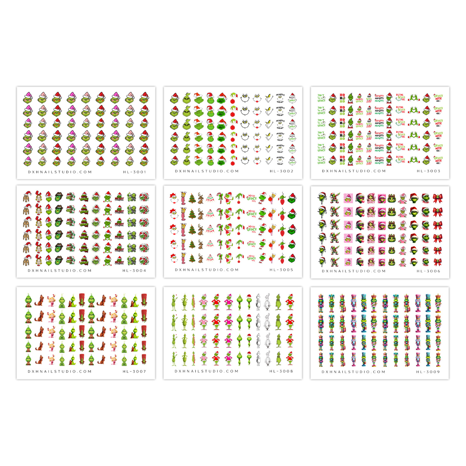 Christmas Grinch Nail Decal 9 Sheet Bundle Water Transfer Nail Decals