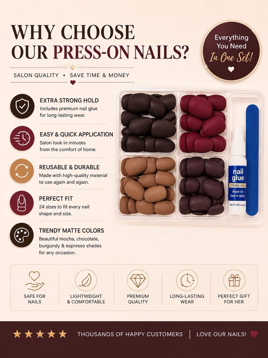 Matte Press On Nails Short Almond 96PCS Brown Burgundy Red Full Kit Reusable