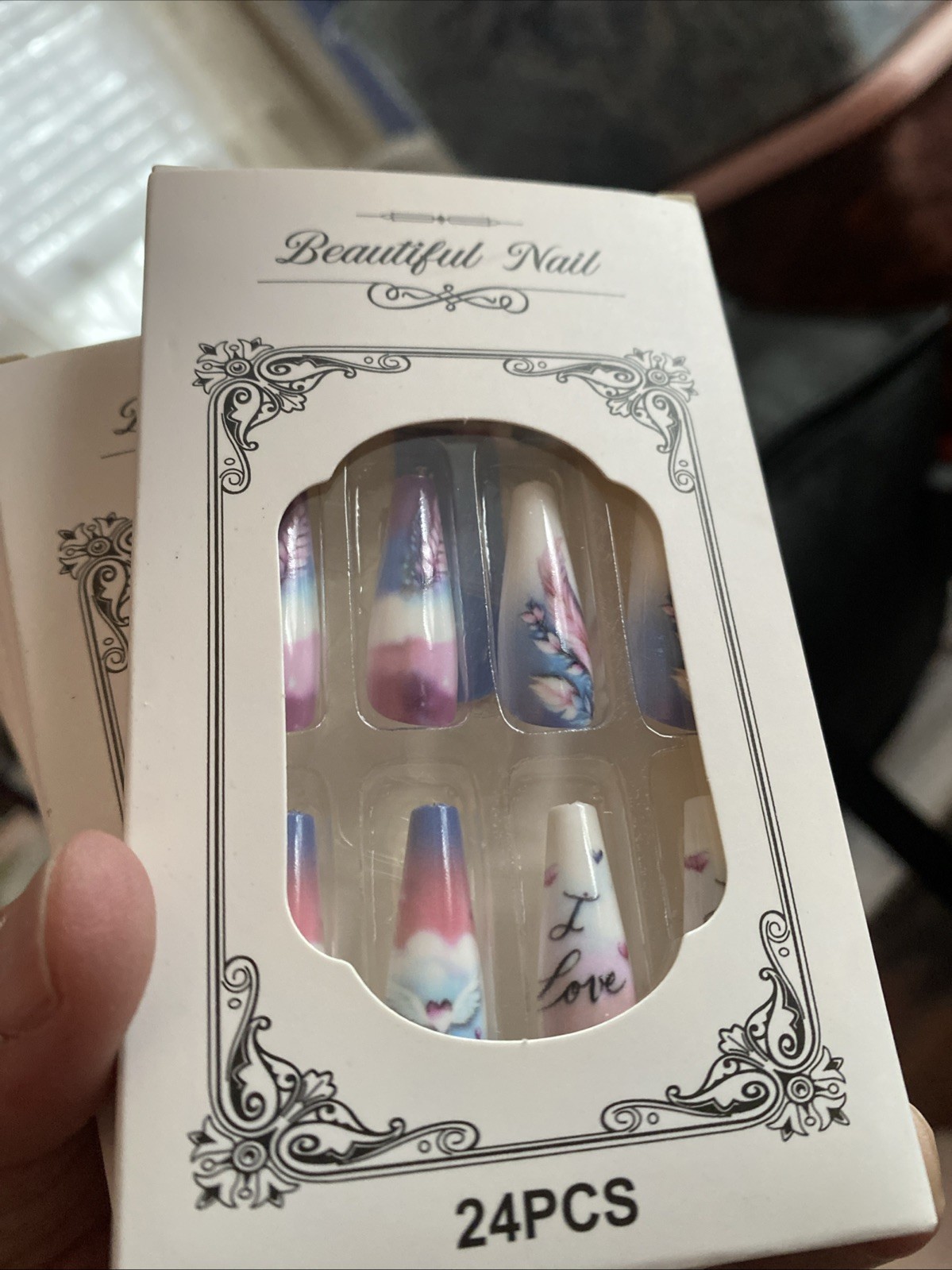 24pcs Romantic Love Clouds Long Coffin Press On Nails Boxed With Glue & Tabs