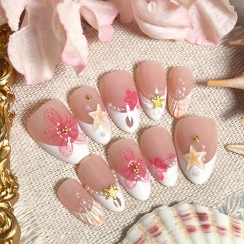 30Pcs Short Almond Press On Nails, White French Tips with 3D Pink Flower-15