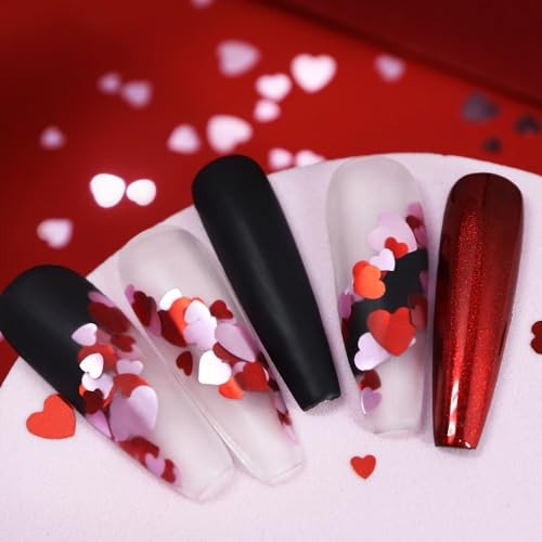 3D Heart Nail Art Glitter Sequins for Valentine, Red Black Mixed Holographic