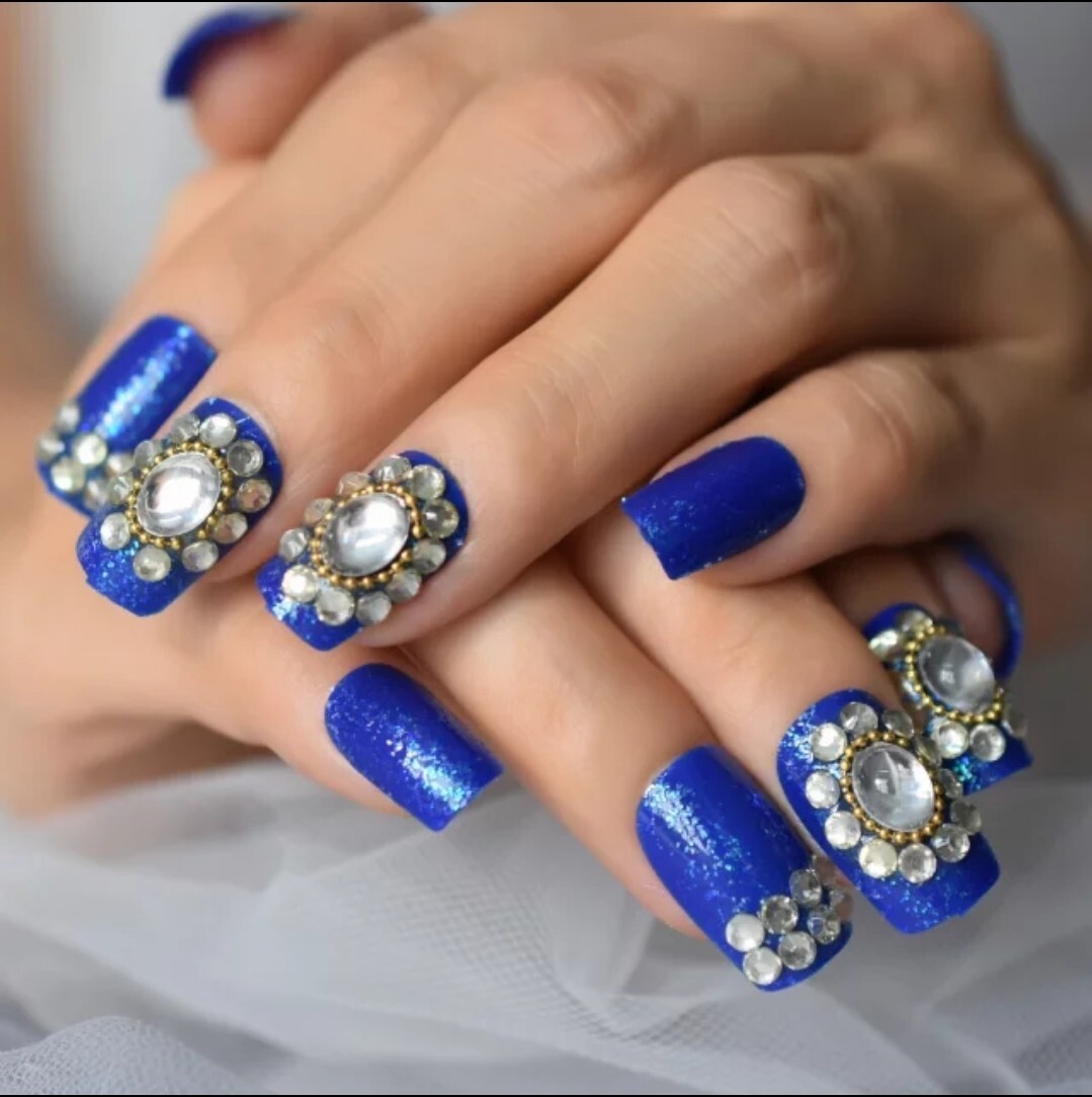 24 Blue Bling Press on nails kit Gems rhinestones square shimmer glue on