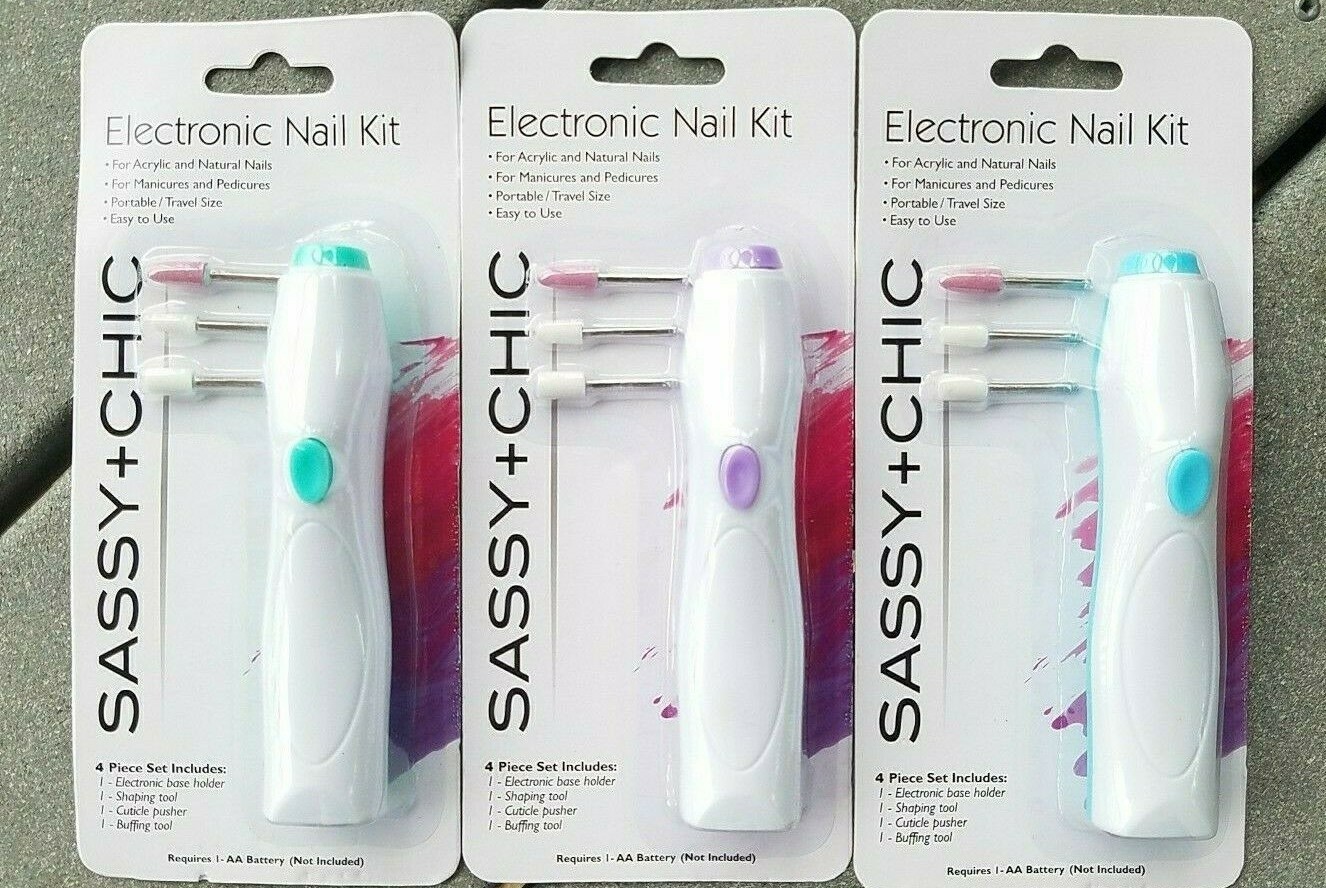 SASSY+CHIC Battery 4pc NAIL Kit ~ Mani Pedi Acrylic Travel Size 5″ Three Colors!