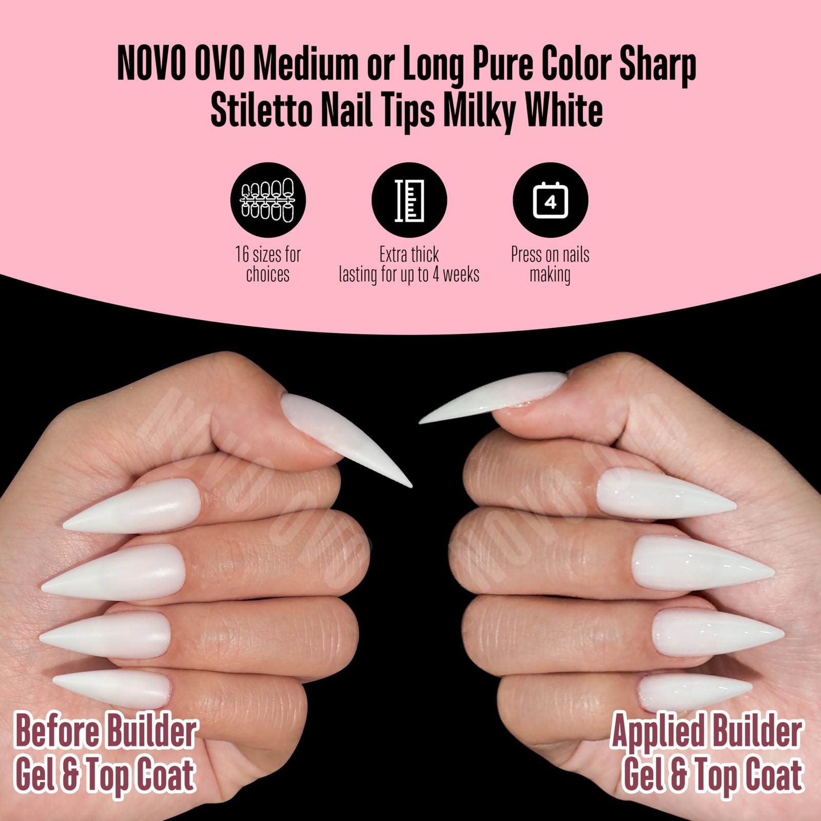 Novo Ovo Medium Long Stiletto Nail Tips White – Pure Color Sharp Pointed Soft
