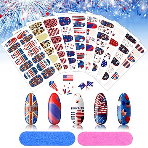 Maitys 140 Pcs 10 Sheets Patriotic Full Wrap Nail Stickers for USA Flag Style