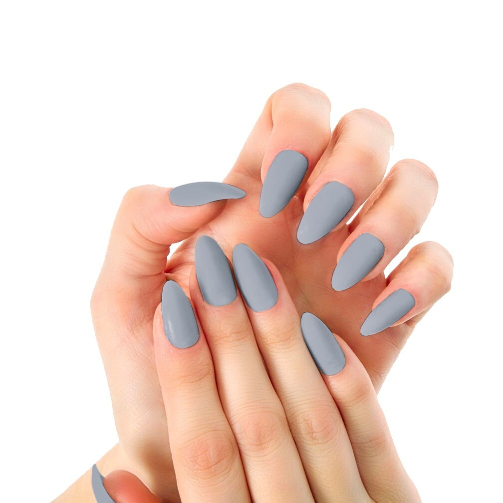Fake Matte Light Gray Press-On Stiletto Cut Nails with Glue Included