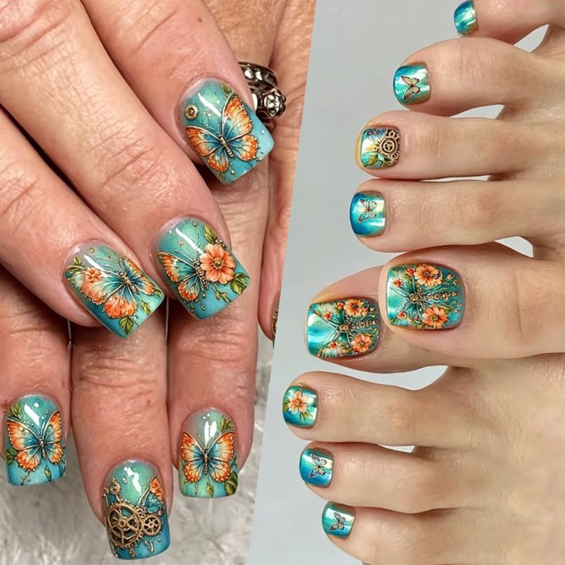 48Pcs Lake Blue Steampunk Nails, Butterfly Flower Design for Fingers & Toes