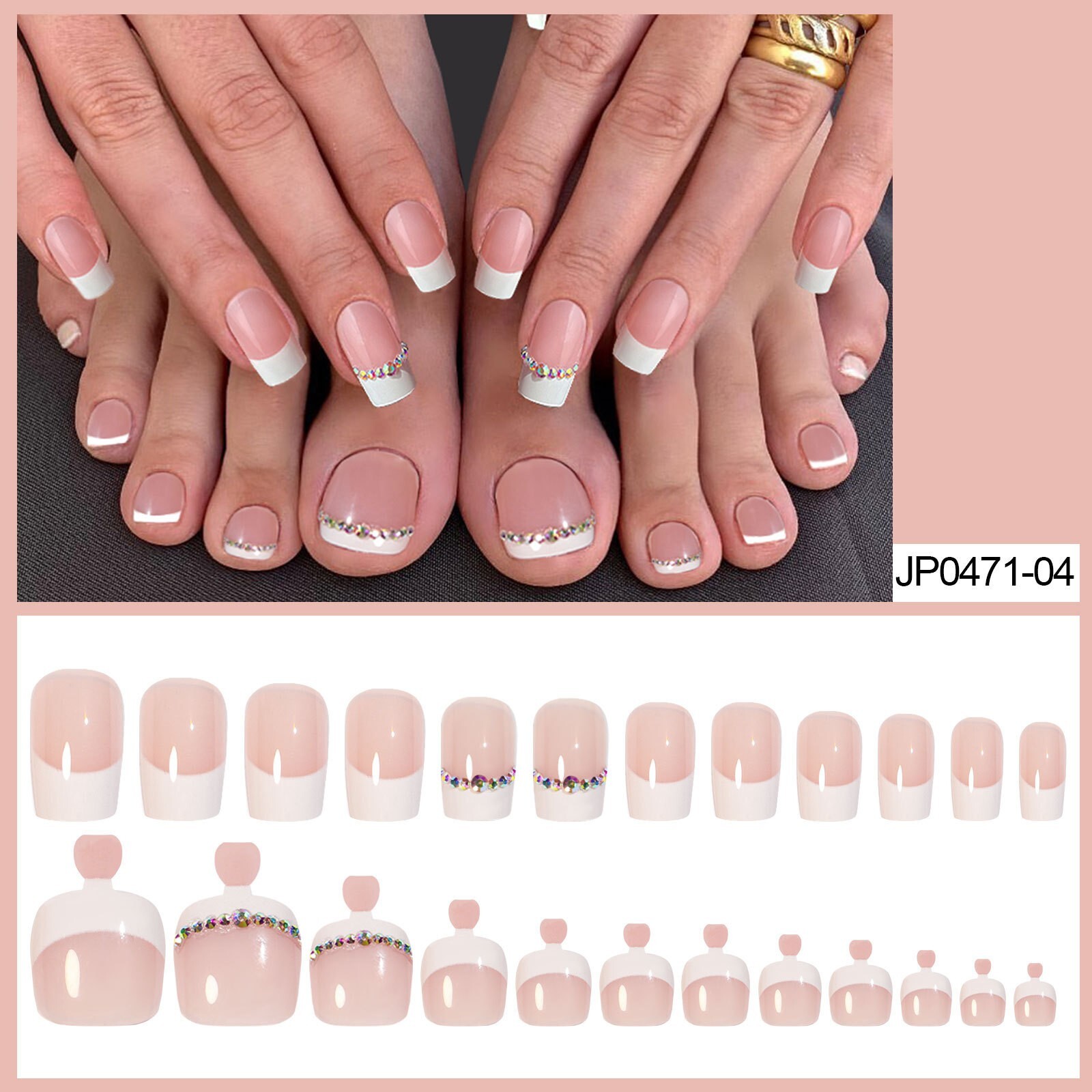 24 Pcs French White AB Rhinestone False Nail Short Press on Nails for Finger Kit