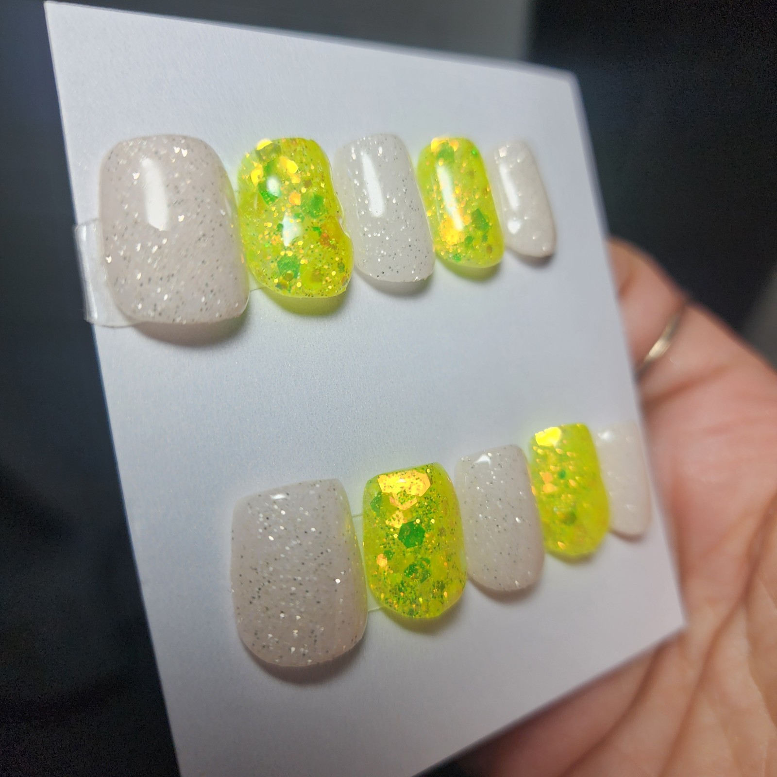 Handmade Acrylic Extra Short Square Press On Nails Medium Size Glitter LemonDrop