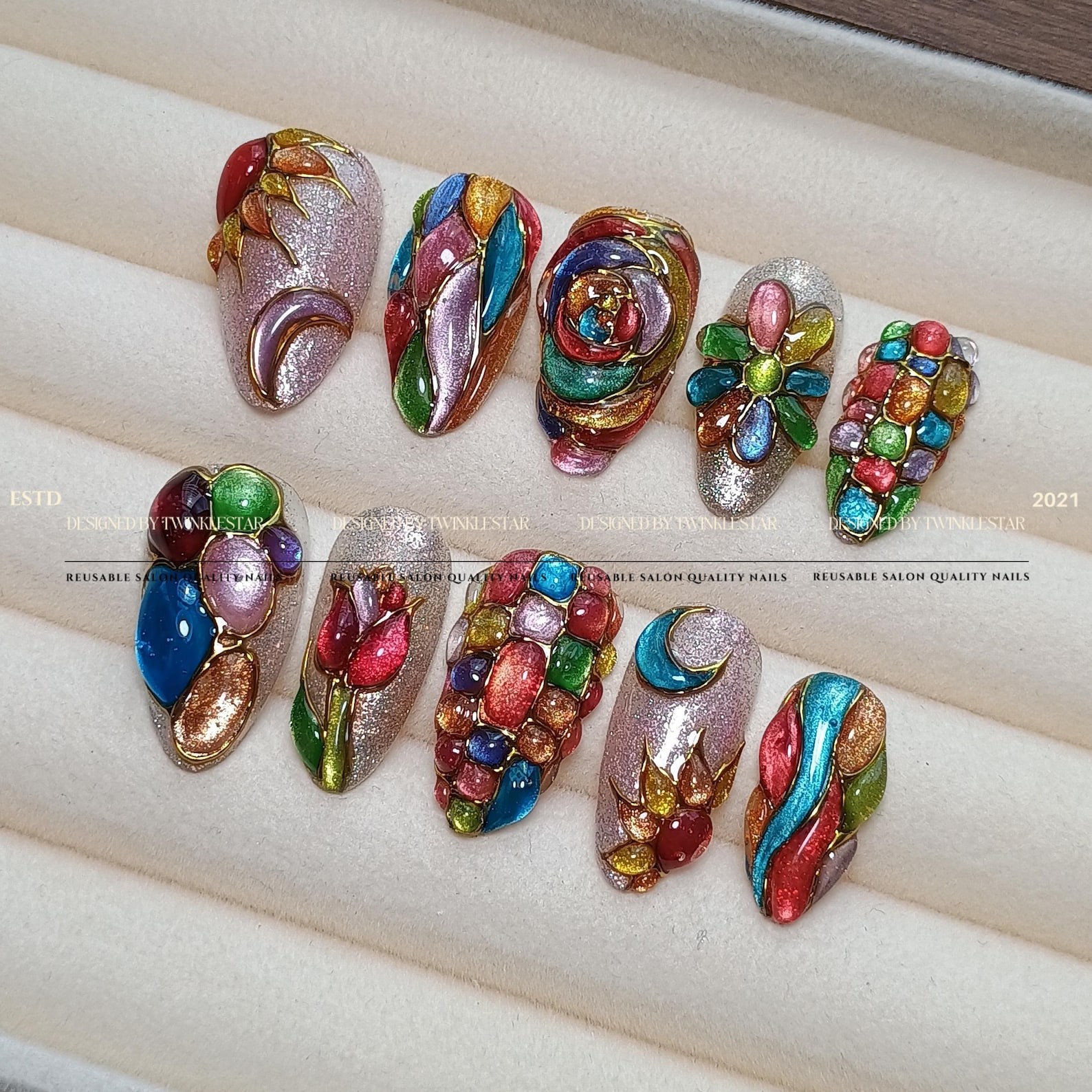 Handmade Stained Glass Colorful Gem Tulip Moon Gold Wire Almond Press on Nails