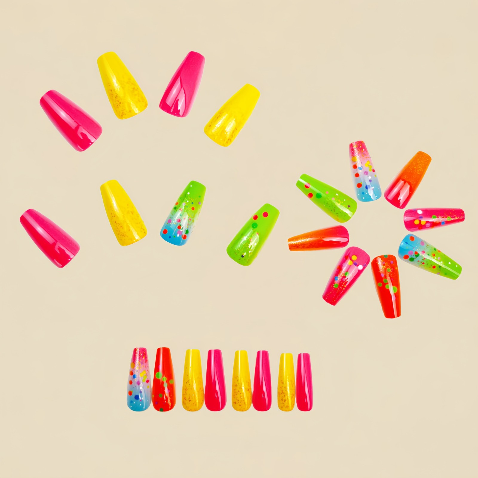 48Pcs Neon Dots Press on Nails Gradient Glitter Glossy Trendy Elegant Fake Nails