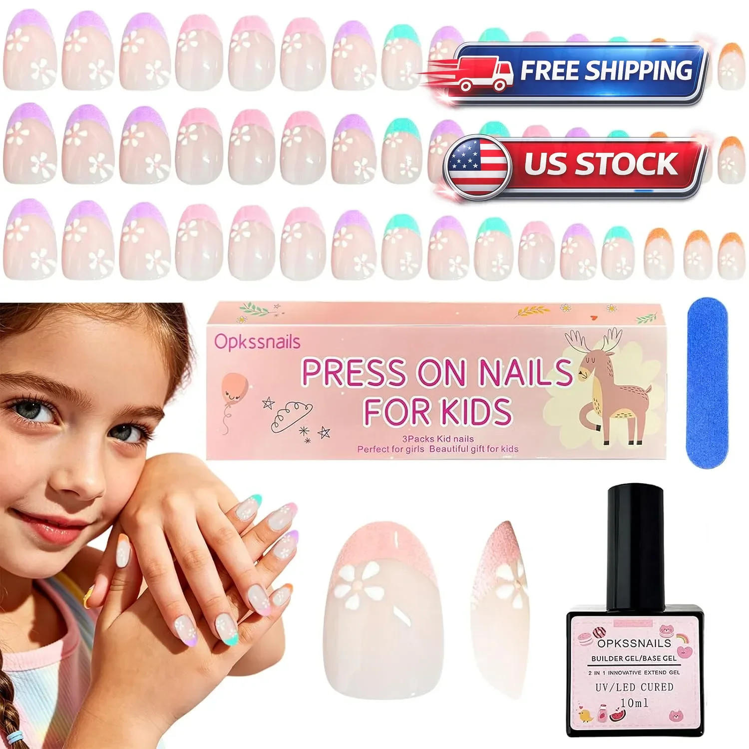78 Pcs Press-On Nails for Kids, 3 Pack Colorful Flower Nail Kit with Glue