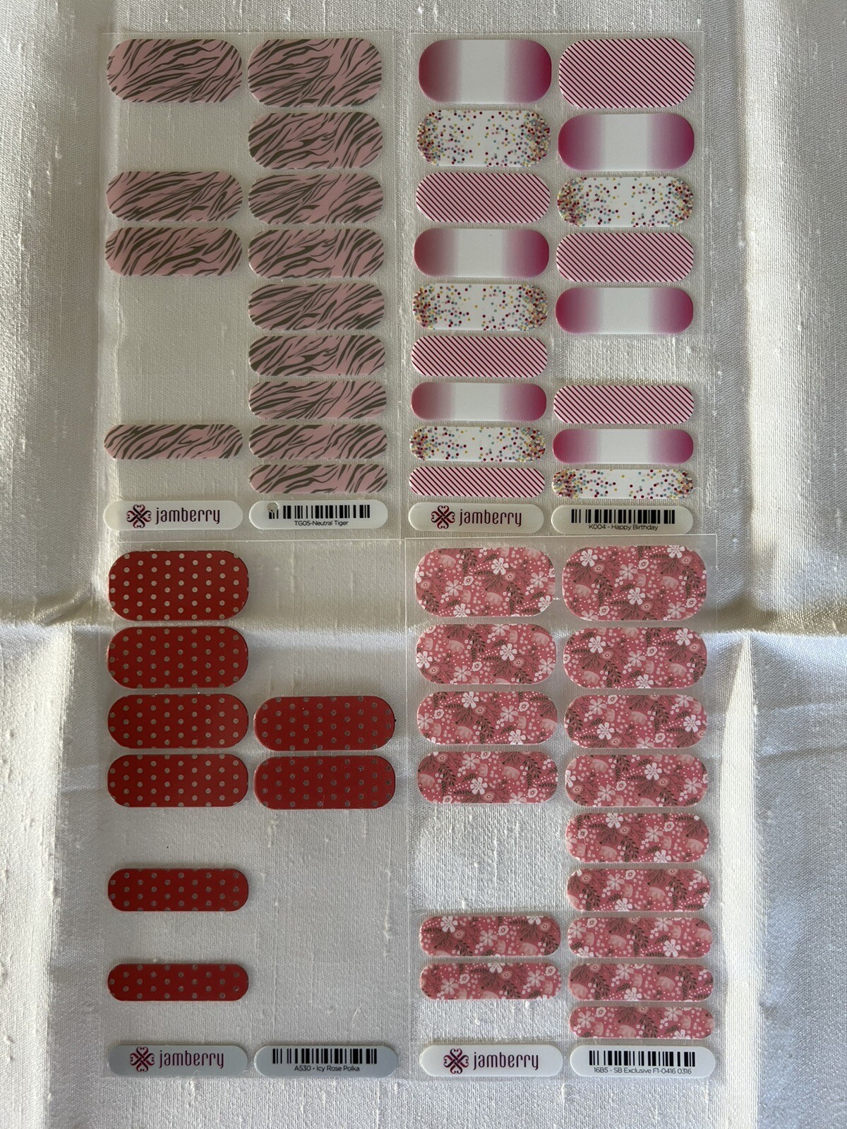 Jamberry Nail Wraps, Happy Birthday, Icy Rose Polka, Neutral Tiger, SB F1-0416