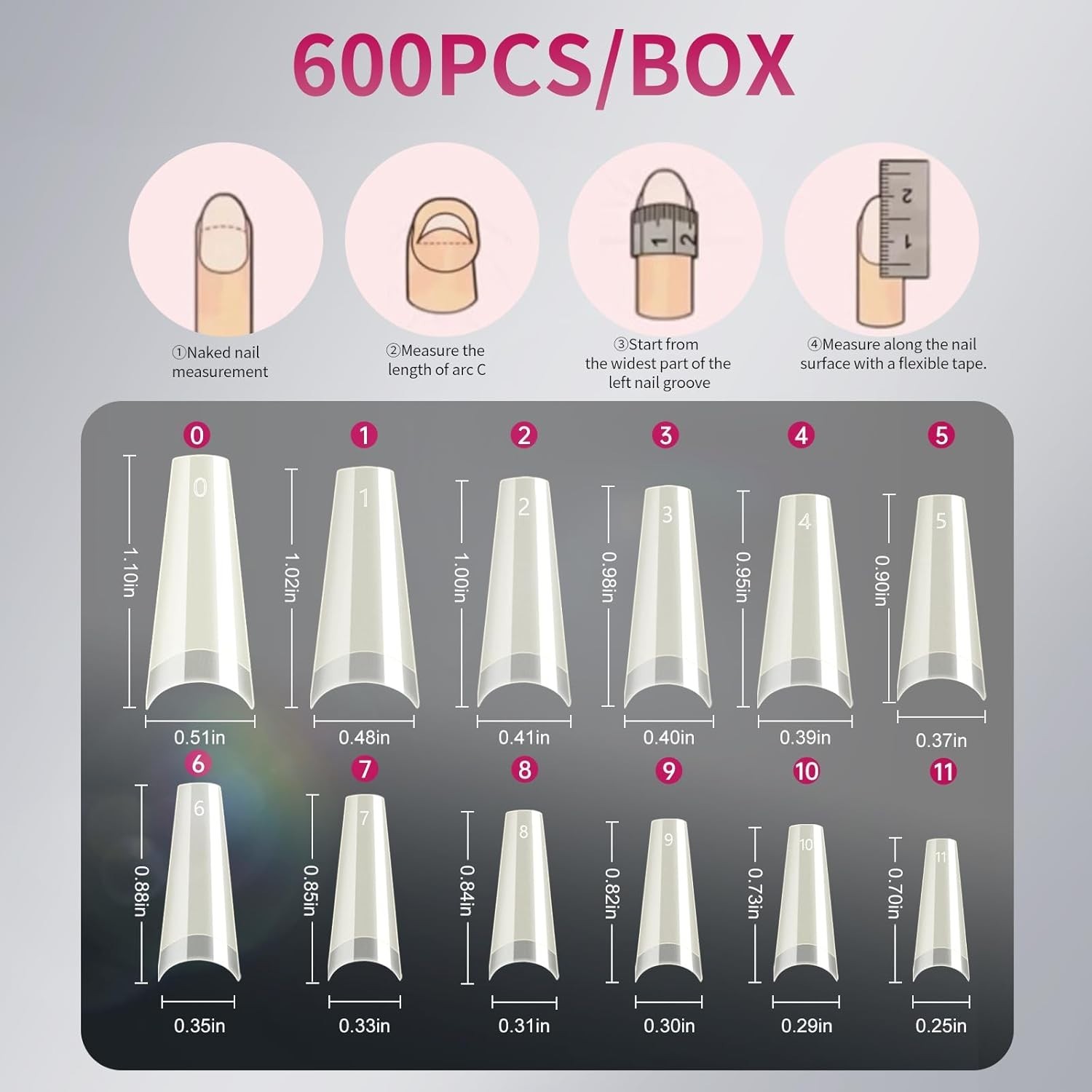 600PCS Natural Coffin Nail Tips – 12 Sizes Soft Gel Acrylic for DIY Beauty