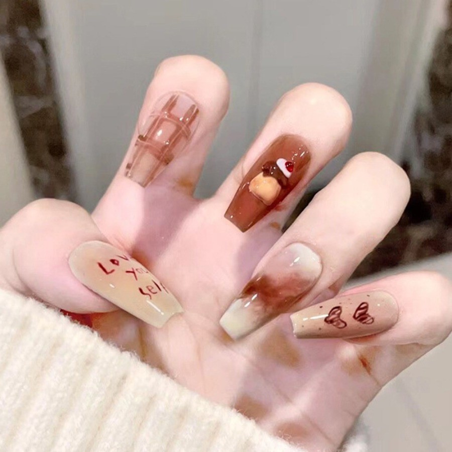 48pcs-Chocolate Brown Press on Nails with Bow Prints and Inspirational Quotes
