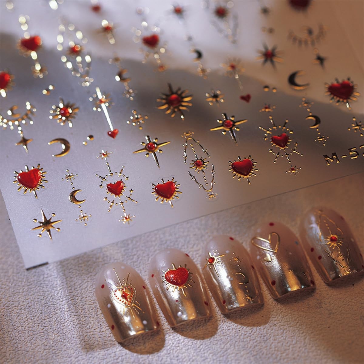 5D Embossed Gold Star Nail Stickers Red Heart Nail Decals Star Moon Style-23