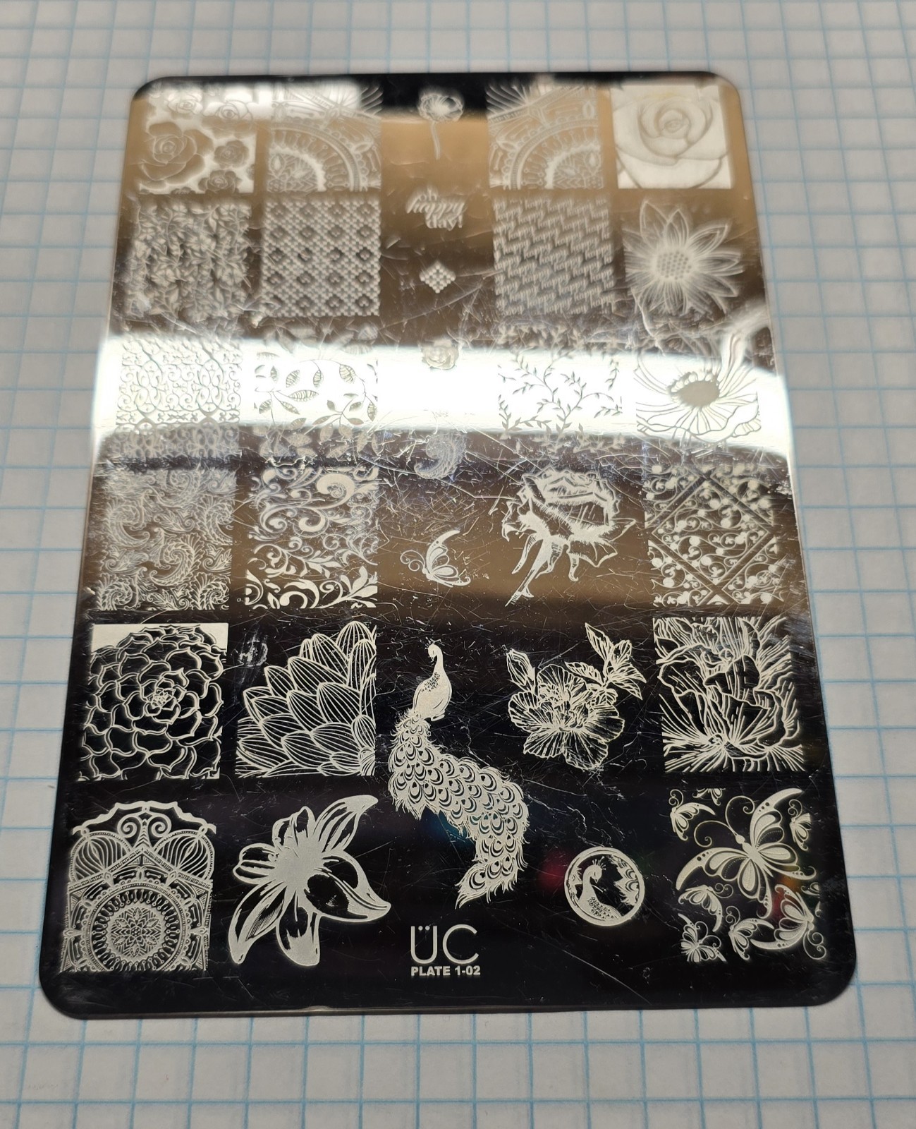 UBER CHIC UC 1-02 Nail Stamp Plate UberChic Peacock Feather Floral Flower Floris