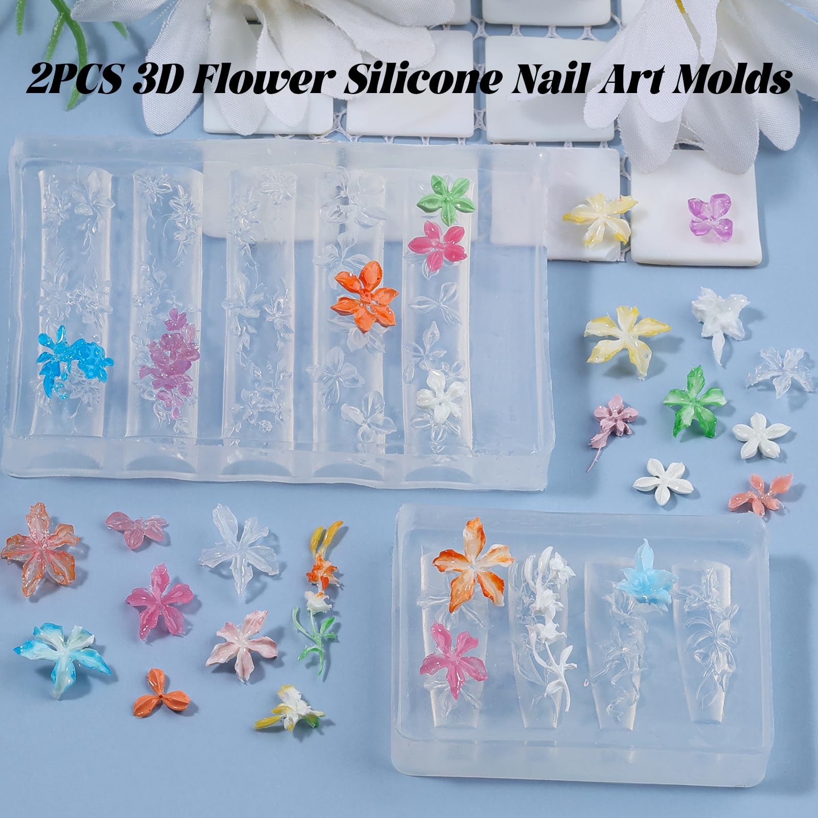 2 Pcs Flower Silicone Nail Art Molds, 3D Spring Summer Flowers Nail Charms Mo…