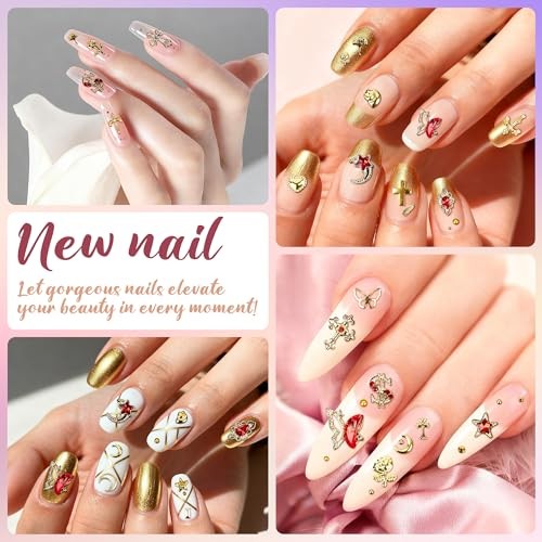 Gold Nail Charms and Nail Gems with 4 Boxes of Rhinestones 3D Metal for Nail