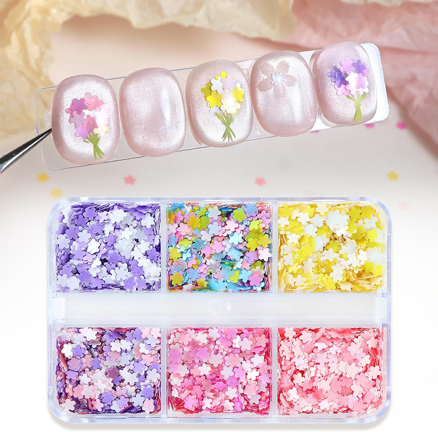 Colorful Flower Nails Sequins Spring Summer Nails Glitter Flakes Design Holograp