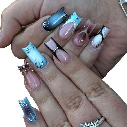 Medium Square Press on Nails, Gradient Blue Pink Acrylic Fake Nails Long 50