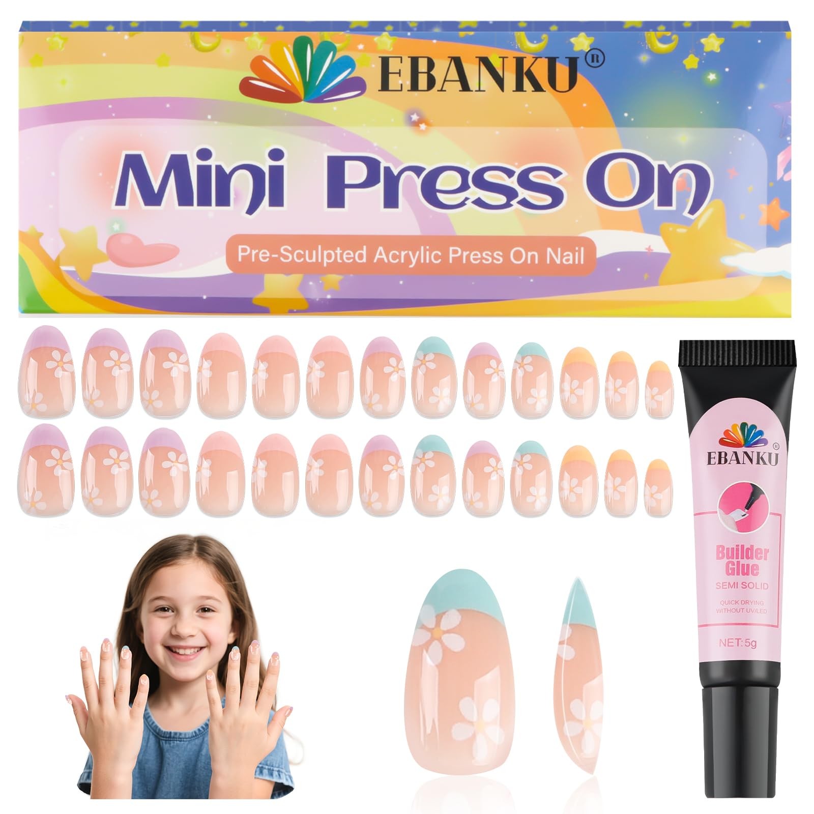 Press on Nails for Girls 5-12 Years, Pink Flower, 26 Pcs