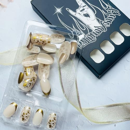 Gold French Tip Press on Nails Short Almond Fake Nails Gold French Tip Nails-18