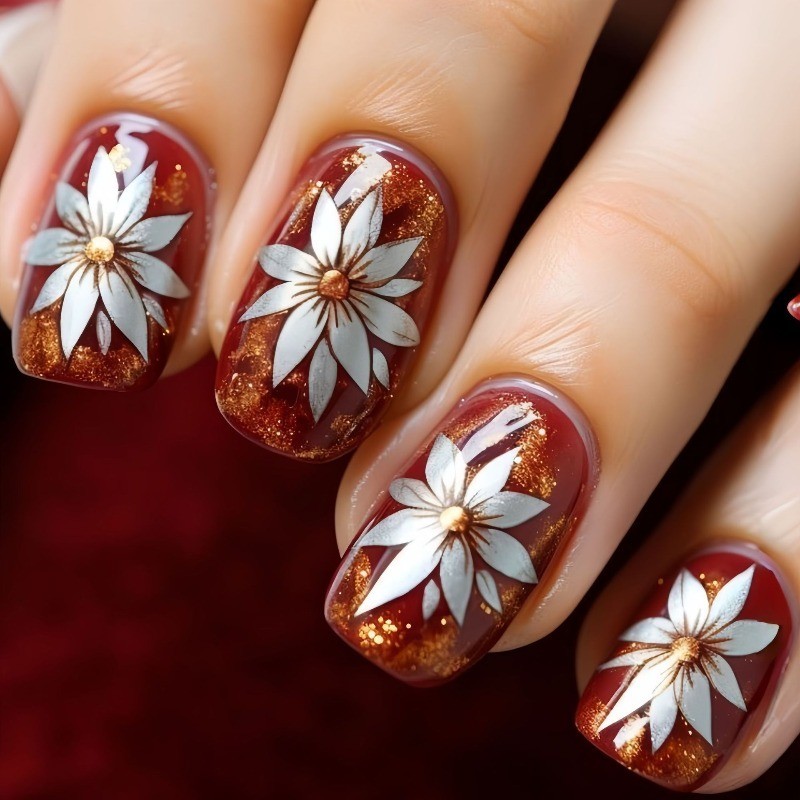 48 Pcs of Brown Flower Medium Long European Square Nail Patch,suitable for Women