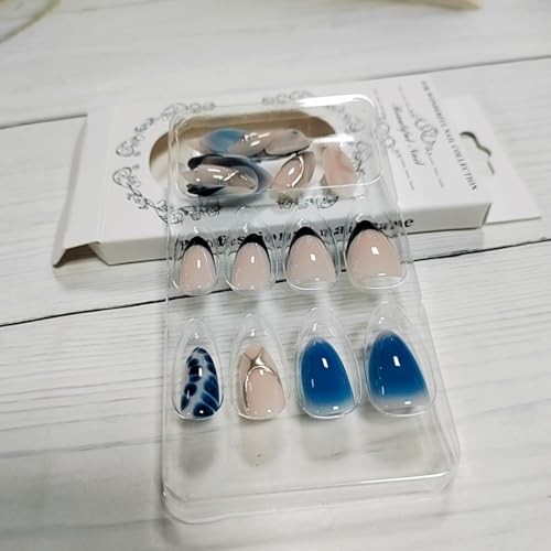 Almond Short Spring Blue Smudge Nails – Style A25 – Press on Nails