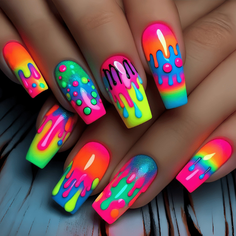 48Pcs Coffin Neon Rainbow Drip Press on Nails Trendy Party Stylish Nails