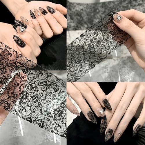 10 Rolls Lace Nail Foil Transfer Sheets Black White Flower Holographic Decals